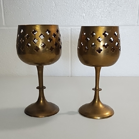 Vintage Brass Gothic-Inspired Candle Holders with Intricate Cut-Outs - Picture 1 of 10